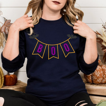 Halloween BOO Banner Applique Embroidery Shirt | Fall Pumpkin Patch Outfit | Spooky Season Sweatshirt | Cute Bats & Pennant Top