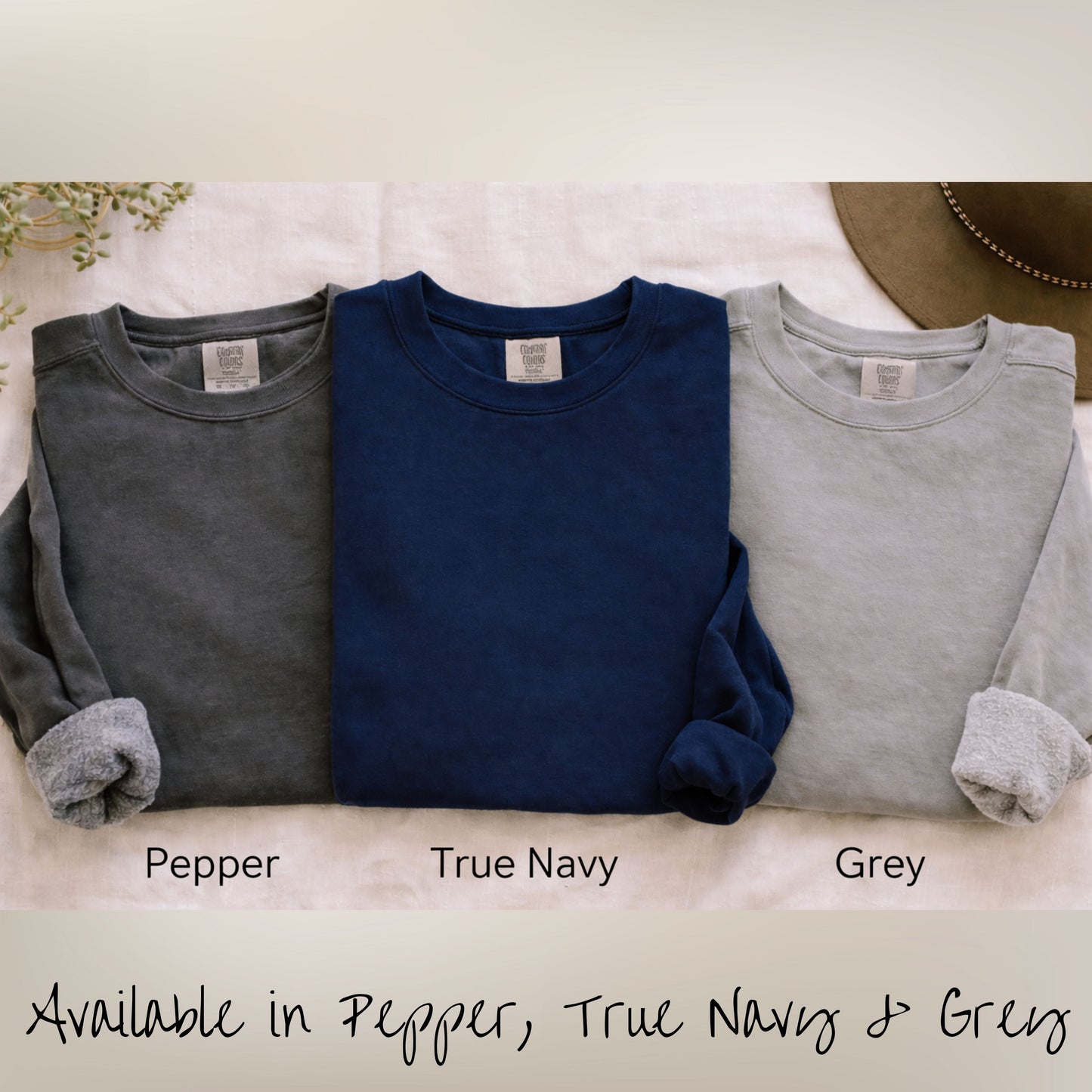Comfort Colors crewneck sweatshirt available in Pepper, True Navy, and Grey color options
