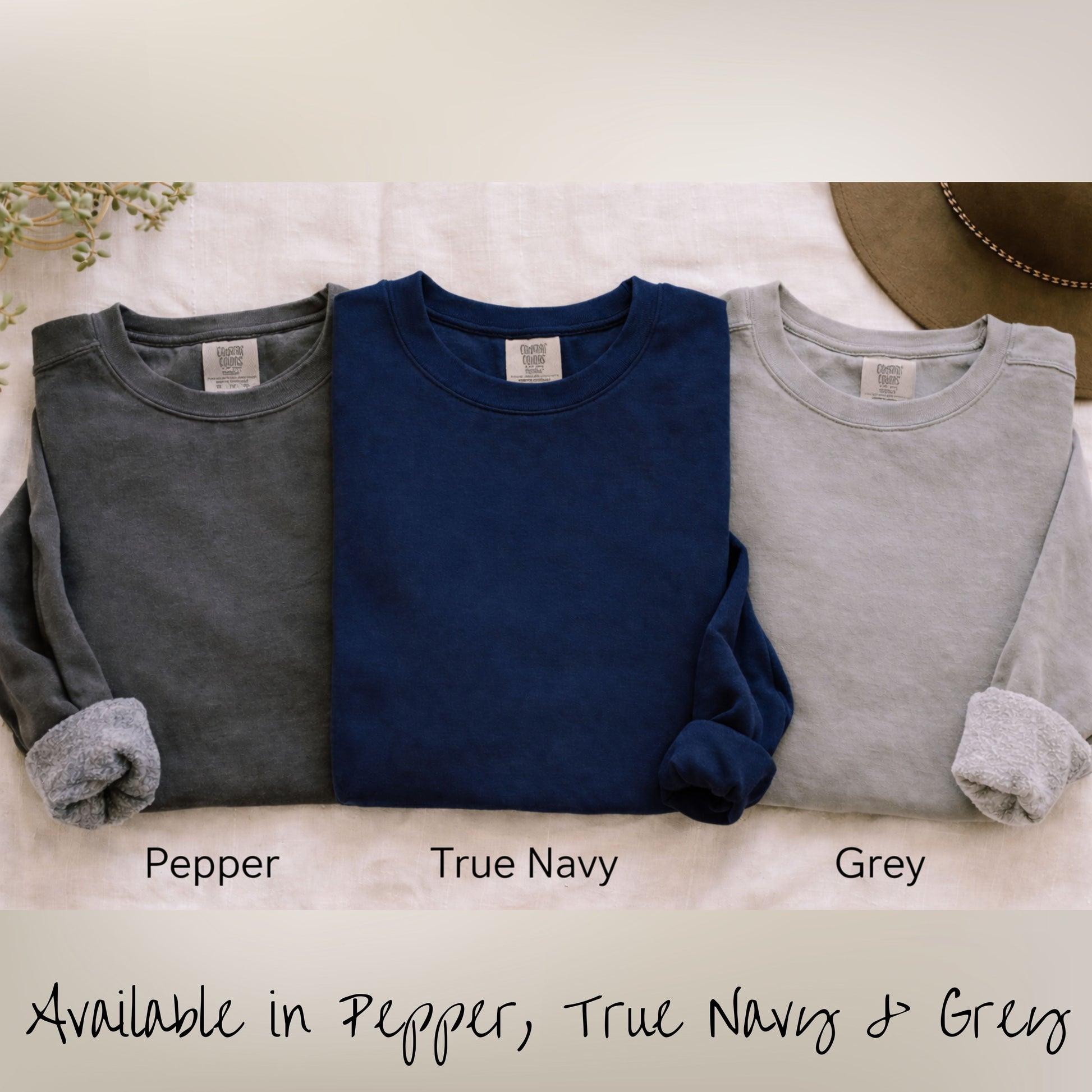 Comfort Colors crewneck sweatshirt available in Pepper, True Navy, and Grey color options
