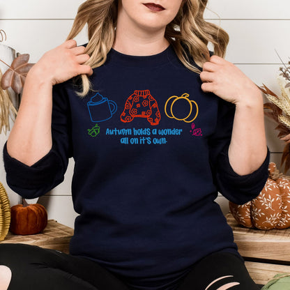 Cozy Autumn Embroidered Sweatshirt – Fall Sweater, Pumpkin, and Coffee Outline – Autumn Quote Embroidery Gift