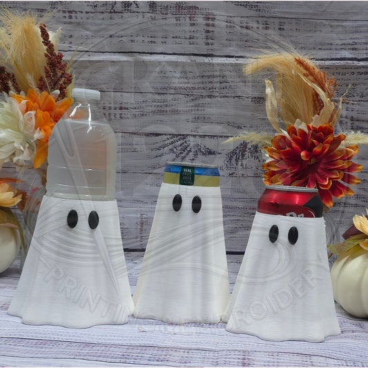 Three white 3D printed ghost drink holders shown with different drink container sizes