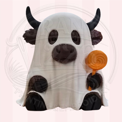 3D printed Highland cow ghost Halloween figurine holding orange lollipop