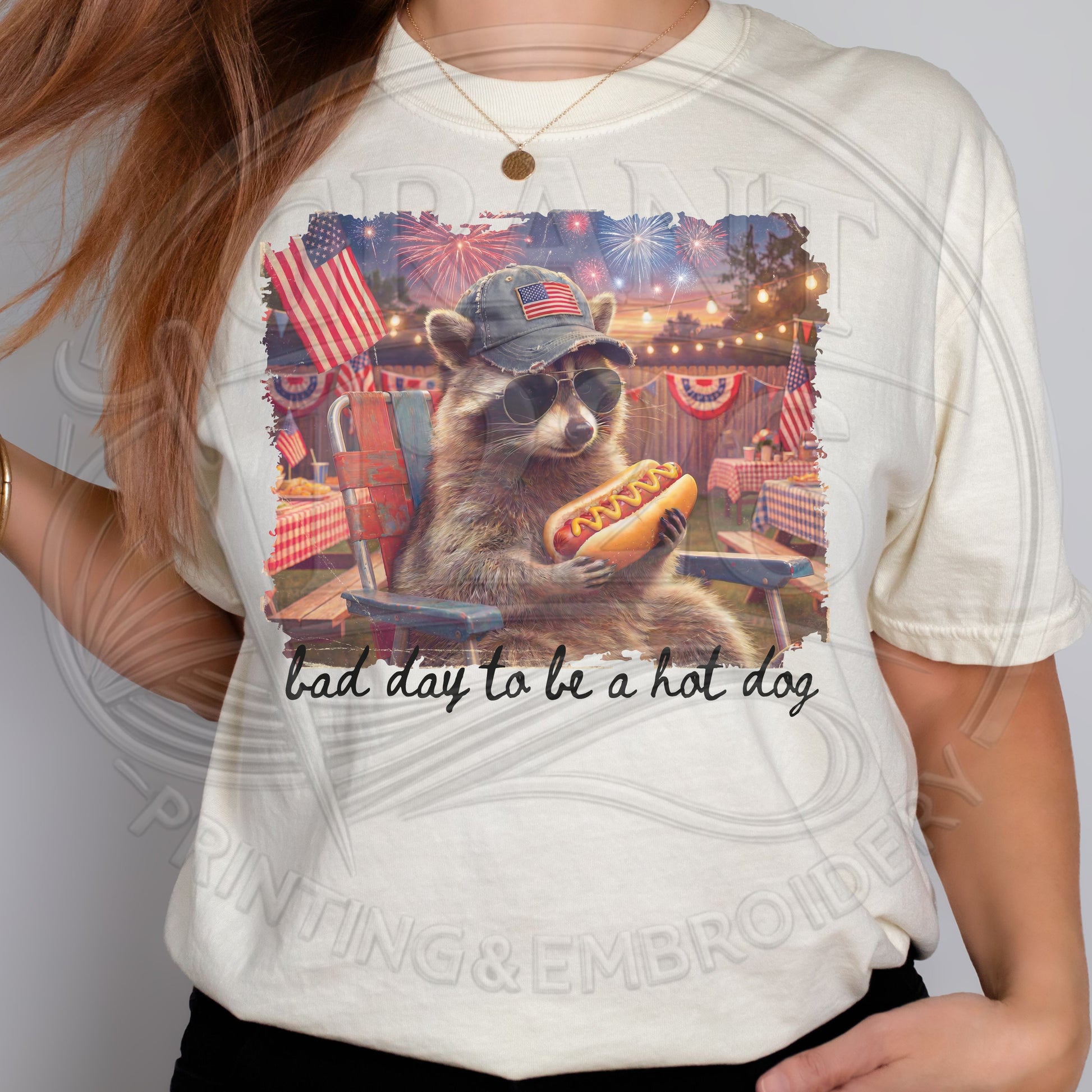Funny 4th of July raccoon shirt with hot dog patriotic graphic