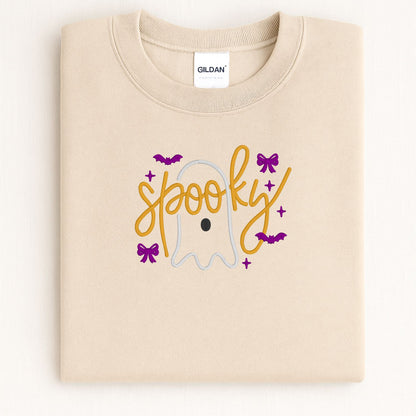 Spooky Cute Ghost Bow Embroidered Halloween Sweatshirt – Cozy Fall Crewneck for Women