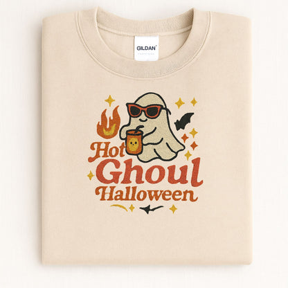 Hot Ghoul Halloween Embroidered Sweatshirt | Cozy Fall Ghost Crewneck | Spooky Season Pullover for Women