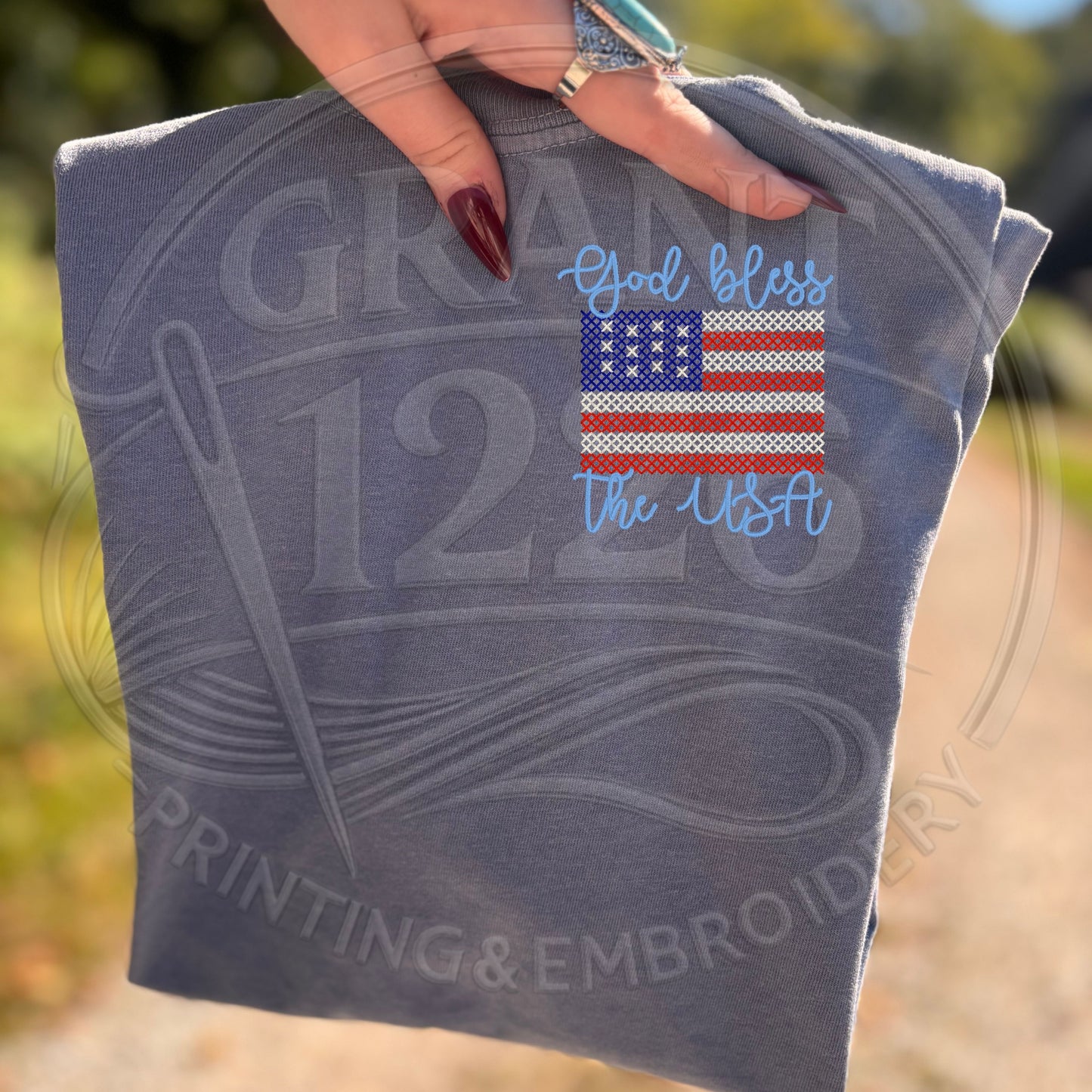 God bless the USA pocket embroidery comfort colors tshirt