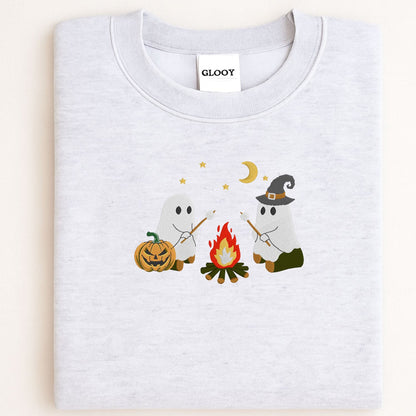 Campfire Ghost Embroidered Sweatshirt | Cute Fall Crewneck | Spooky Season Cozy Pullover