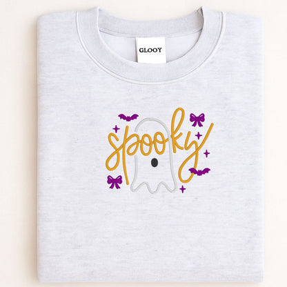 Spooky Cute Ghost Bow Embroidered Halloween Sweatshirt – Cozy Fall Crewneck for Women