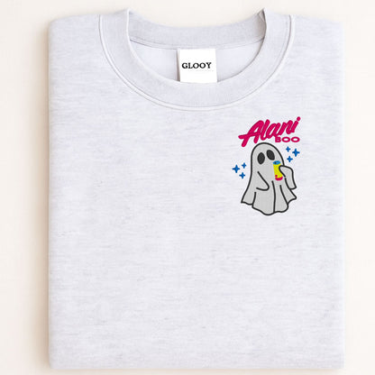 Cozy Ghost Embroidered Sweatshirt – Cute Halloween Pullover with Drink – Fall Autumn Spirit Crewneck – Spooky Season Embroidery Shirt