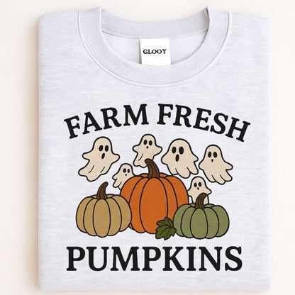 Farm Fresh Pumpkins and Ghosts Sweatshirt – Cozy Fall Embroidered Crewneck for Autumn Lovers