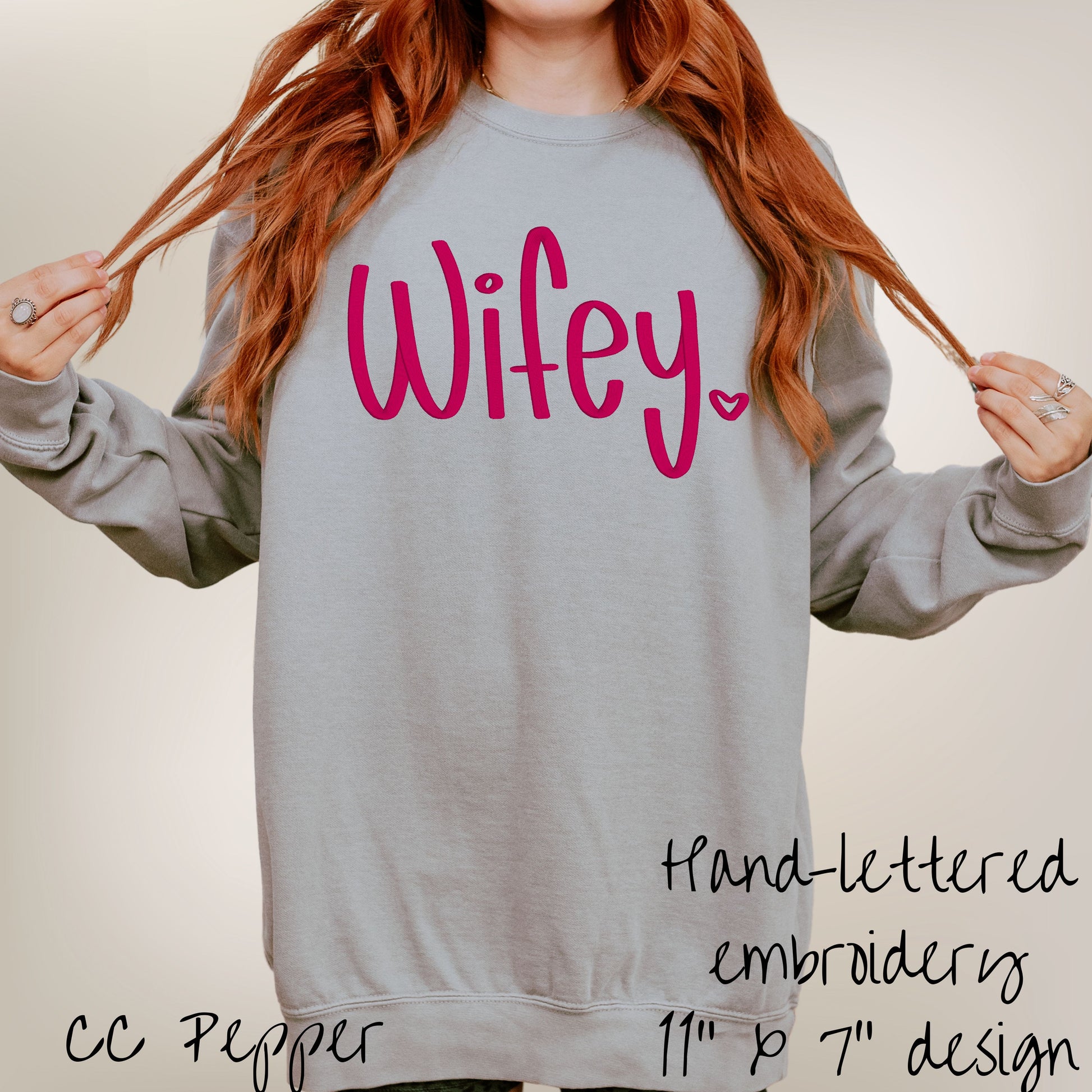 Wifey embroidered Comfort Colors sweatshirt worn in Grey color
