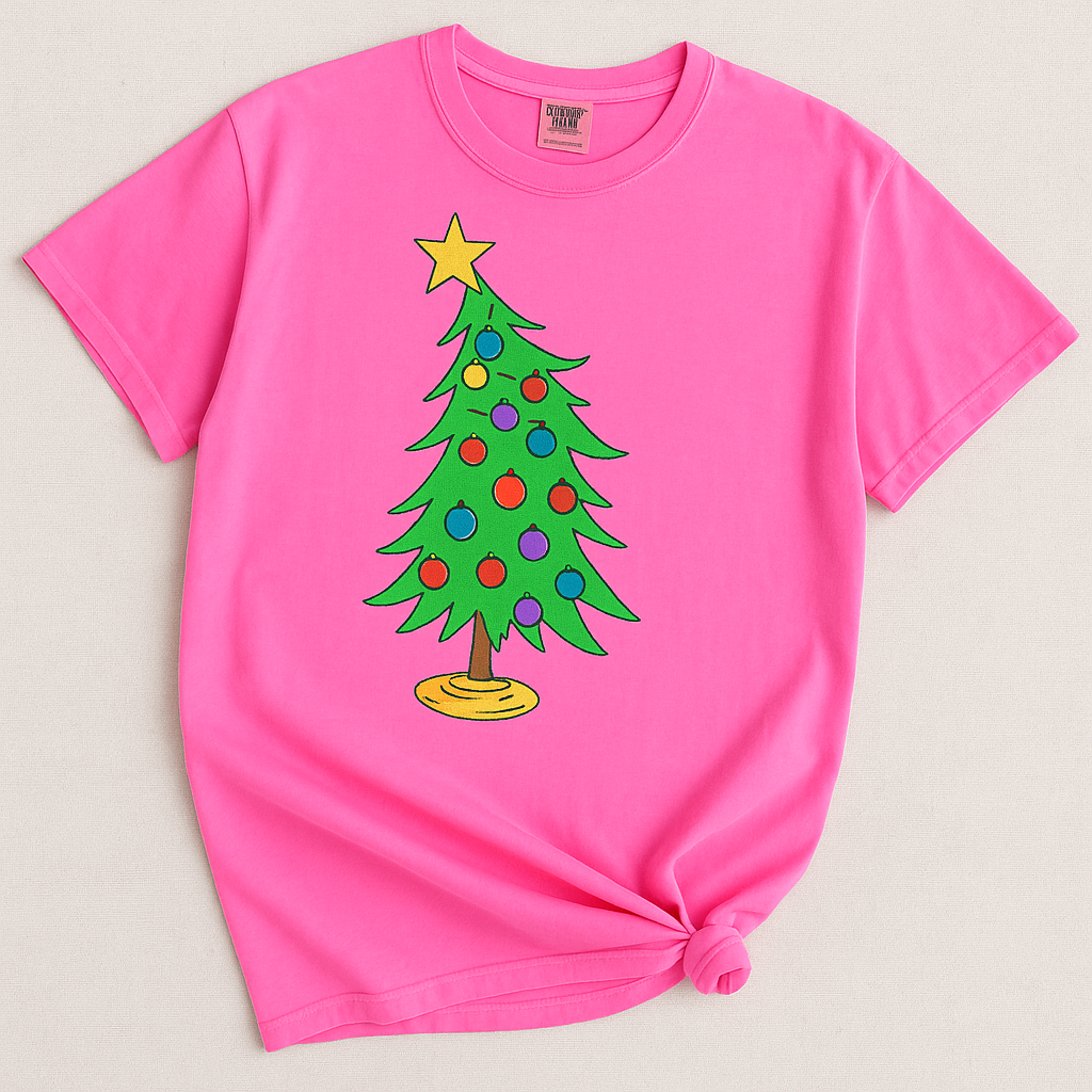 Whimsical Retro Christmas Tree Shirt – Bright Holiday Tee for Festive Cheer | Fun DTG Printed Christmas Shirt