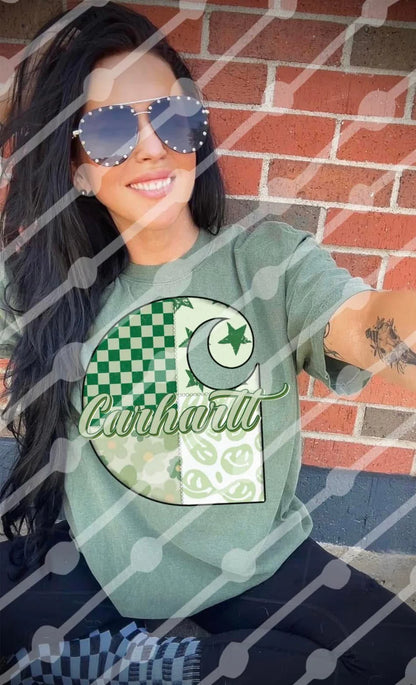 Green Aesthetic Patchwork Tee – Stars, Checker & Indie Print Shirt