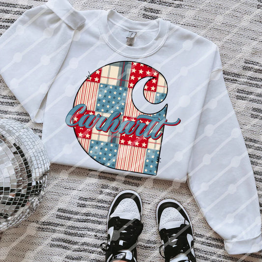 USA Patchwork Workwear Sweatshirt – Western Retro Stars & Stripes Crewneck – 4th of July Comfort Top – Vintage Patriotic Style
