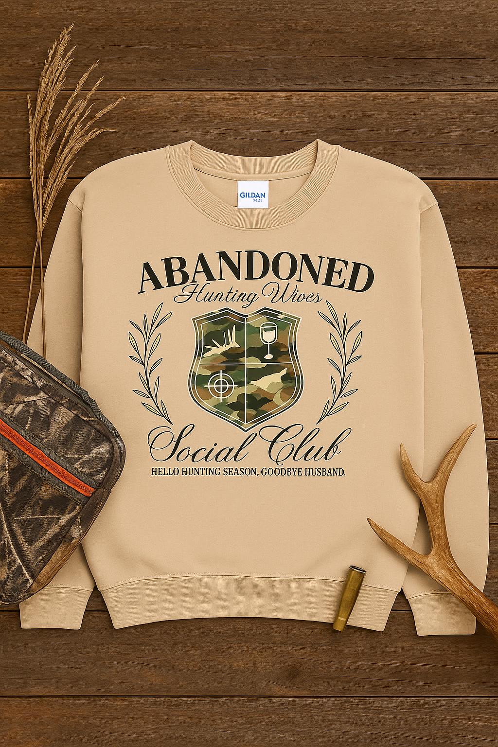 Sand Abandoned Hunting Wives Social Club sweatshirt styled with antlers