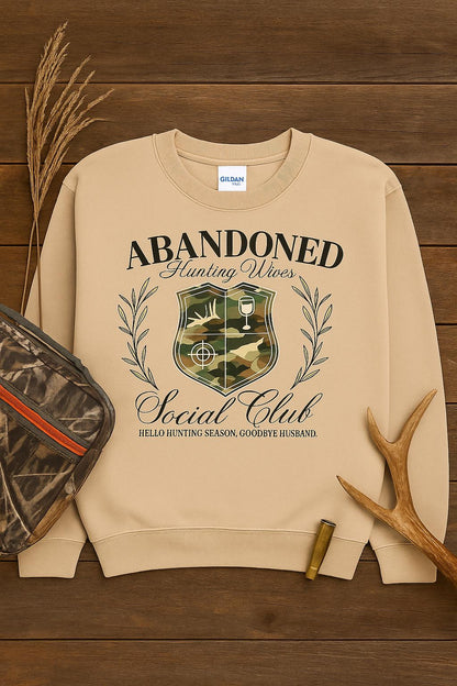 Sand Abandoned Hunting Wives Social Club sweatshirt styled with antlers