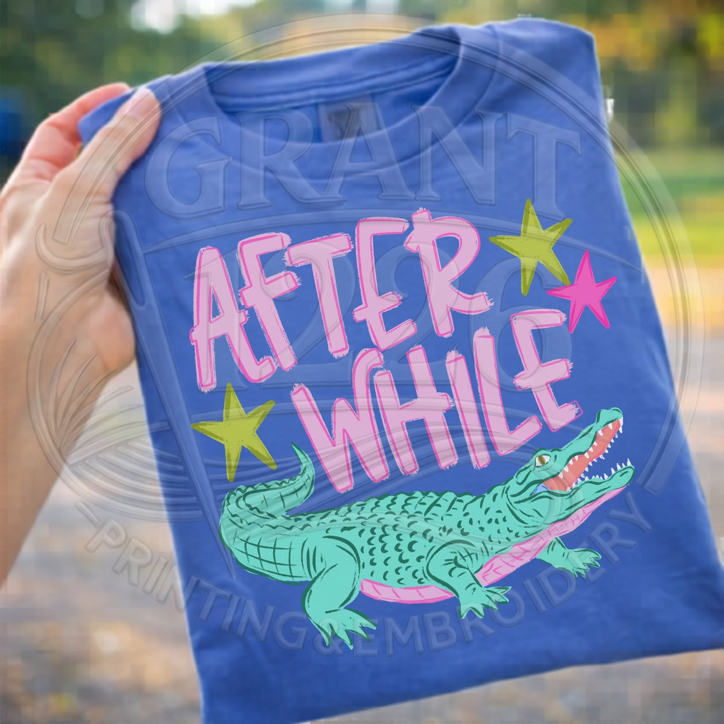 After While crocodile graphic t-shirt blue comfort colors 
