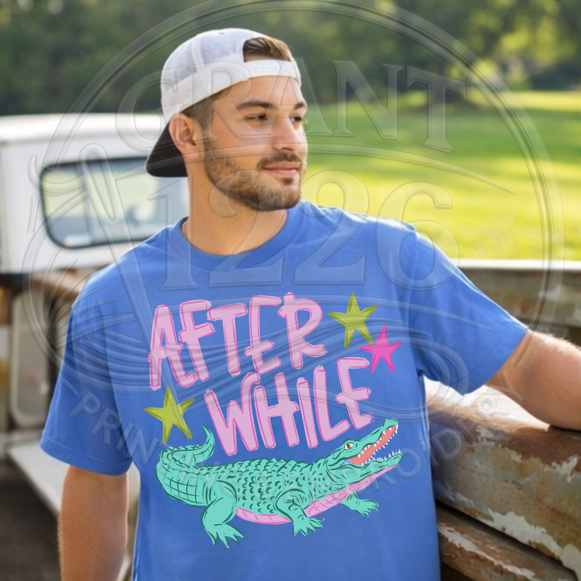 After While crocodile graphic tee blue unisex southern shirt worn by male model casual outdoor style