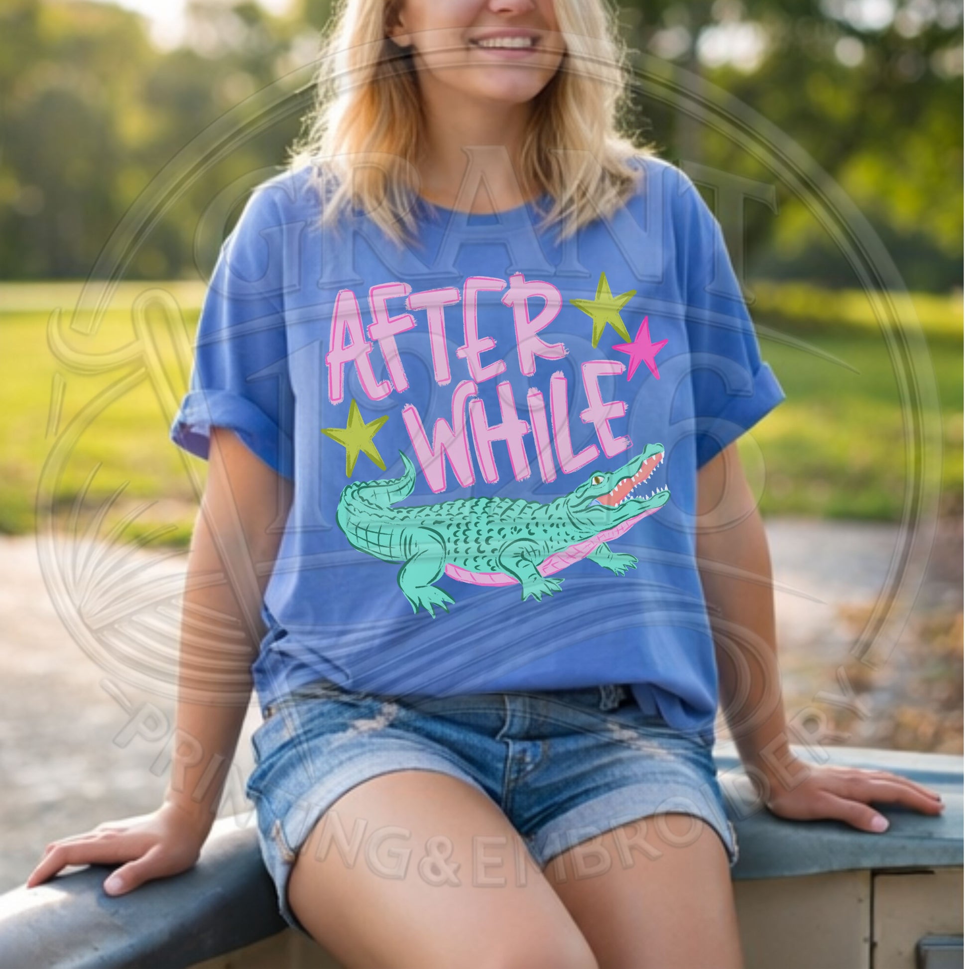 After While crocodile shirt women casual outfit blue graphic tee southern boutique style summer look