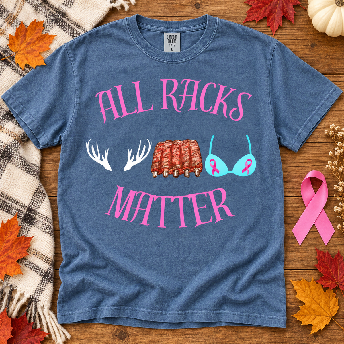 Blue Jean Comfort Colors All Racks Matter graphic T-shirt flat lay