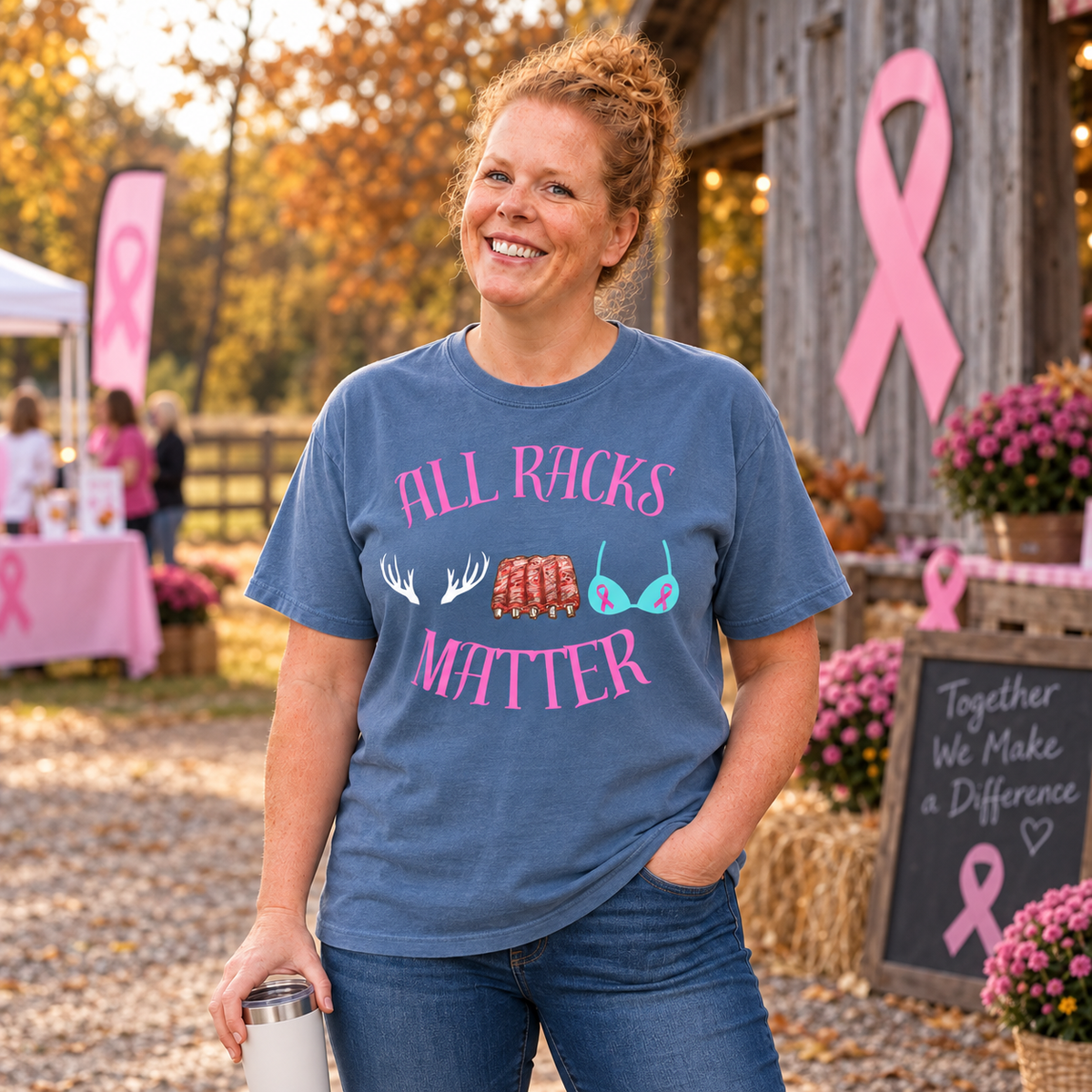 Samantha wearing a Blue Jean Comfort Colors All Racks Matter T-shirt at a fall fundraiser