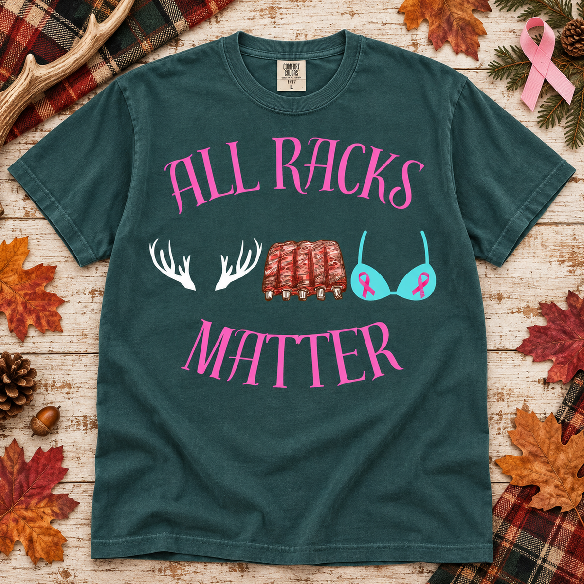 Blue Spruce Comfort Colors All Racks Matter graphic T-shirt flat lay
