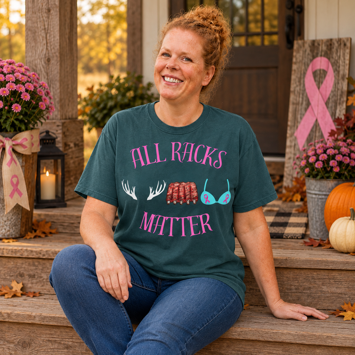 Samantha modeling a Blue Spruce Comfort Colors All Racks Matter T-shirt