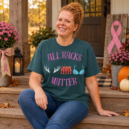 Samantha modeling a Blue Spruce Comfort Colors All Racks Matter T-shirt