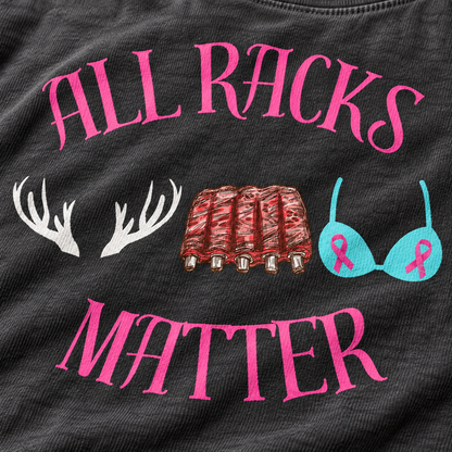 Close-up of All Racks Matter DTG design printed on Pepper cotton