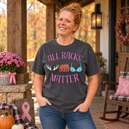 Samantha wearing a Pepper Comfort Colors All Racks Matter breast cancer awareness T-shirt