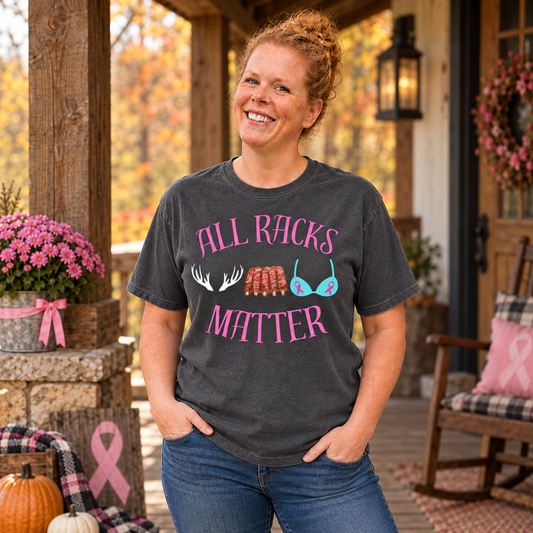 Samantha wearing a Pepper Comfort Colors All Racks Matter breast cancer awareness T-shirt