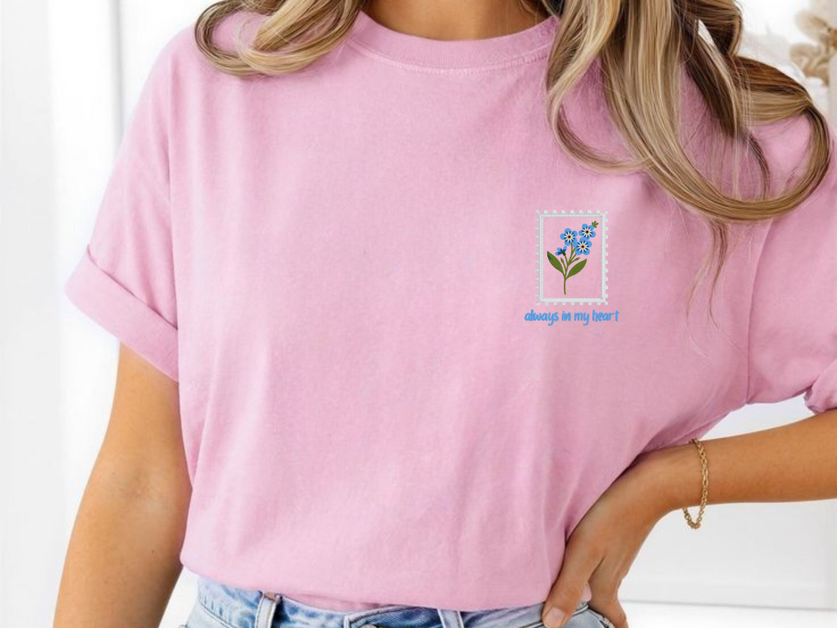 Blossom short sleeve shirt with embroidered blue forget-me-not flowers and Always in My Heart text