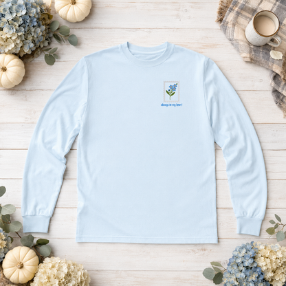Chambray Comfort Colors 6014 long sleeve shirt flat lay with Always in My Heart forget-me-not embroidery