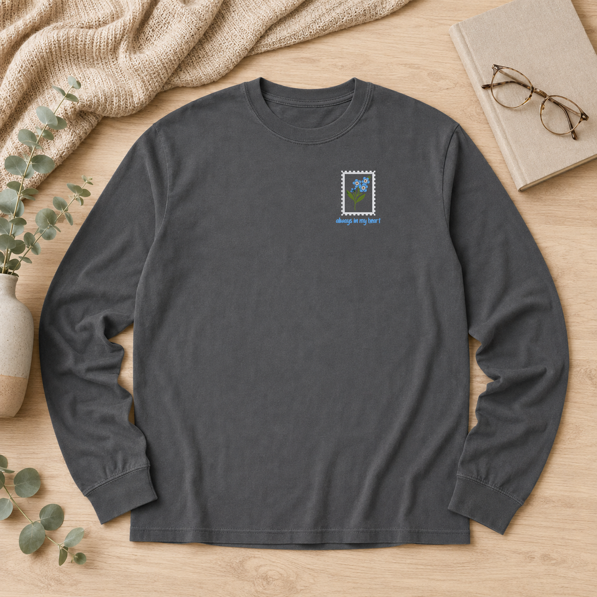 Pepper Comfort Colors 6014 long sleeve shirt flat lay with Always in My Heart forget-me-not embroidery