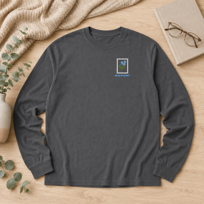 Pepper Comfort Colors 6014 long sleeve shirt flat lay with Always in My Heart forget-me-not embroidery