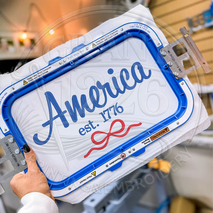 Handmade patriotic embroidery process on America 1776 shirt