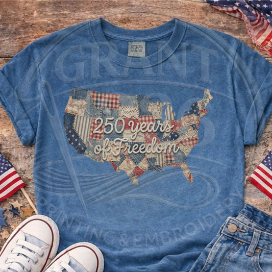 250 Years of Freedom patriotic shirt on blue Comfort Colors tee