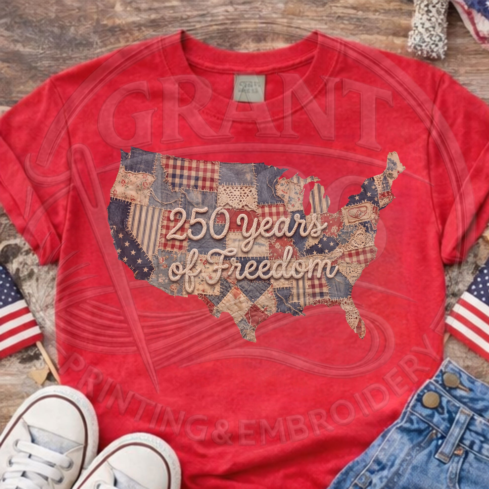 Red patriotic USA shirt with 250 years of freedom design