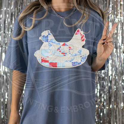 Patchwork chicken applique embroidered shirt on blue Comfort Colors tee