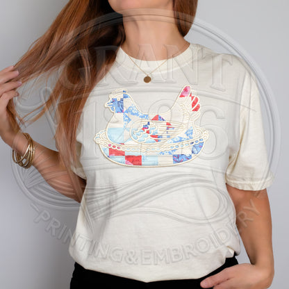 Ivory embroidered hen on nest applique farmhouse shirt