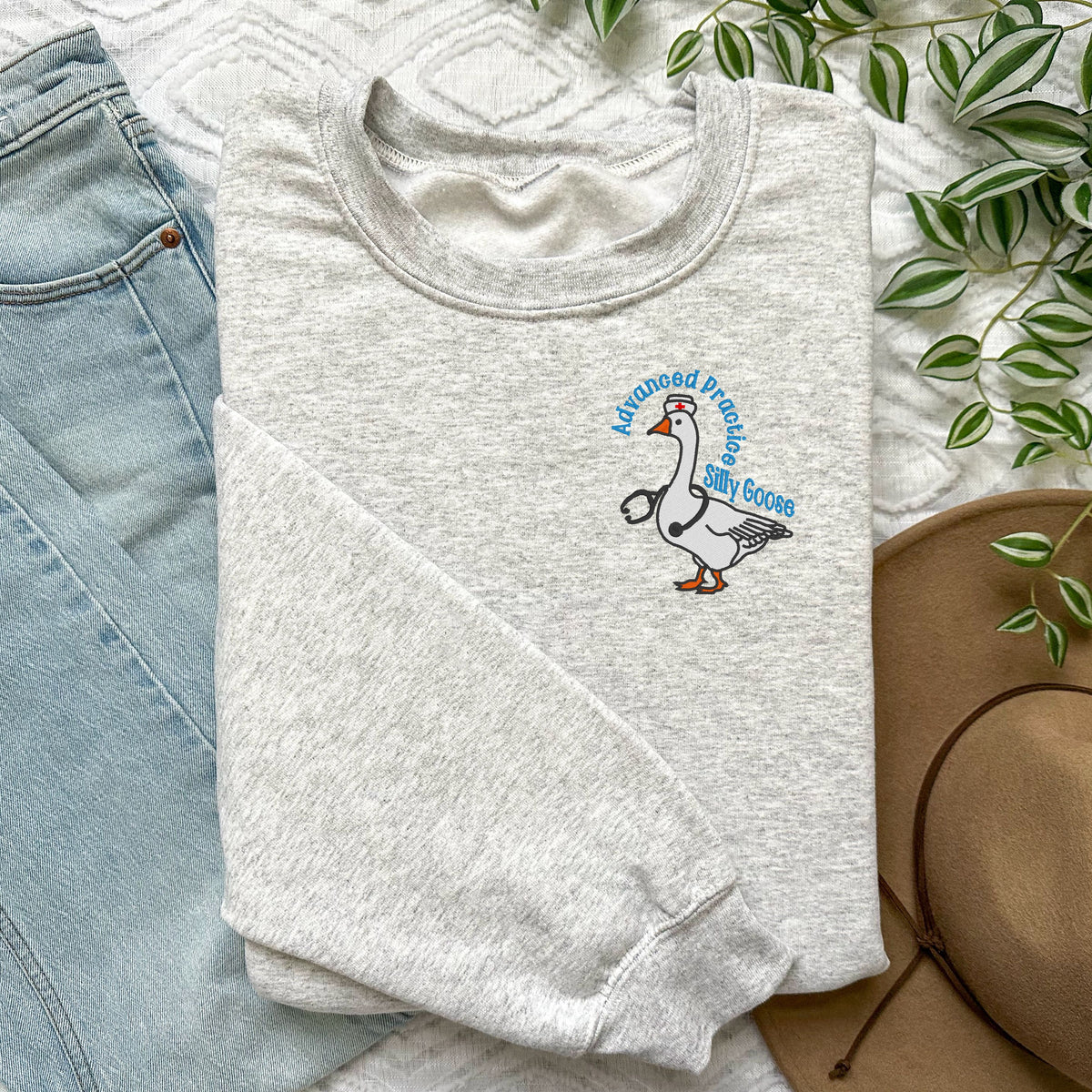 Ash gray crewneck with APRN Silly Goose embroidery