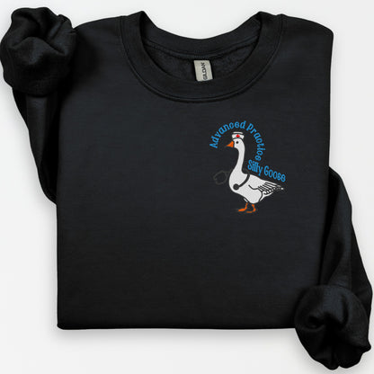 Folded black crewneck with APRN Silly Goose left-chest embroidery