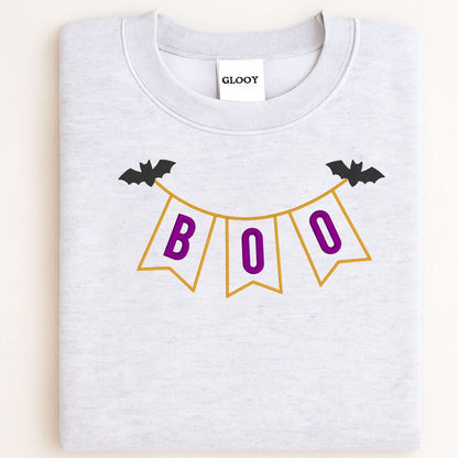 Ash BOO banner applique embroidered Halloween sweatshirt flat lay