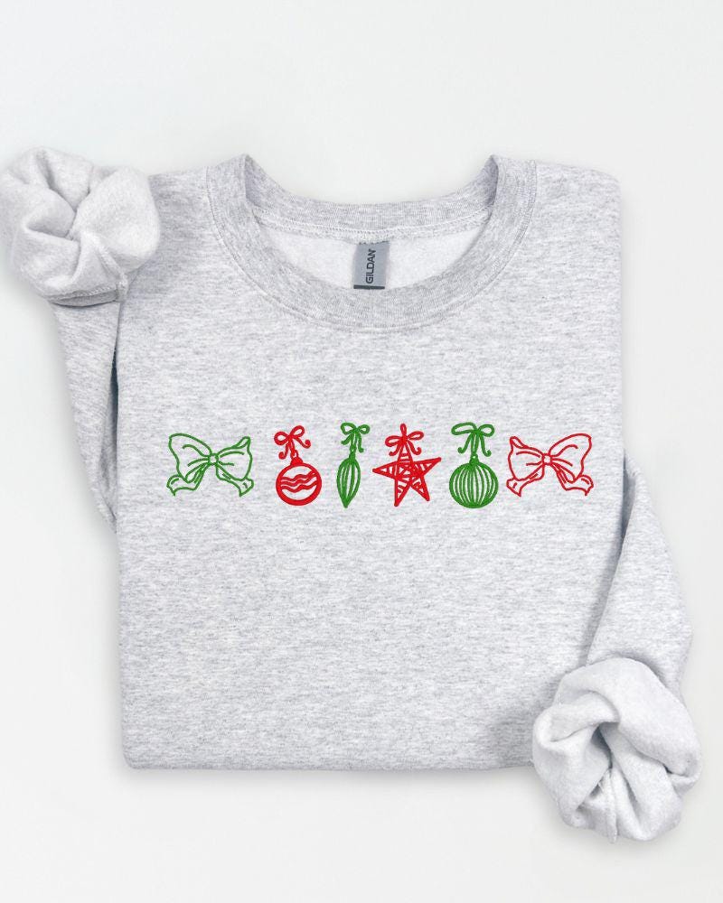 Ash Gildan Christmas ornaments embroidered sweatshirt with red and green bows