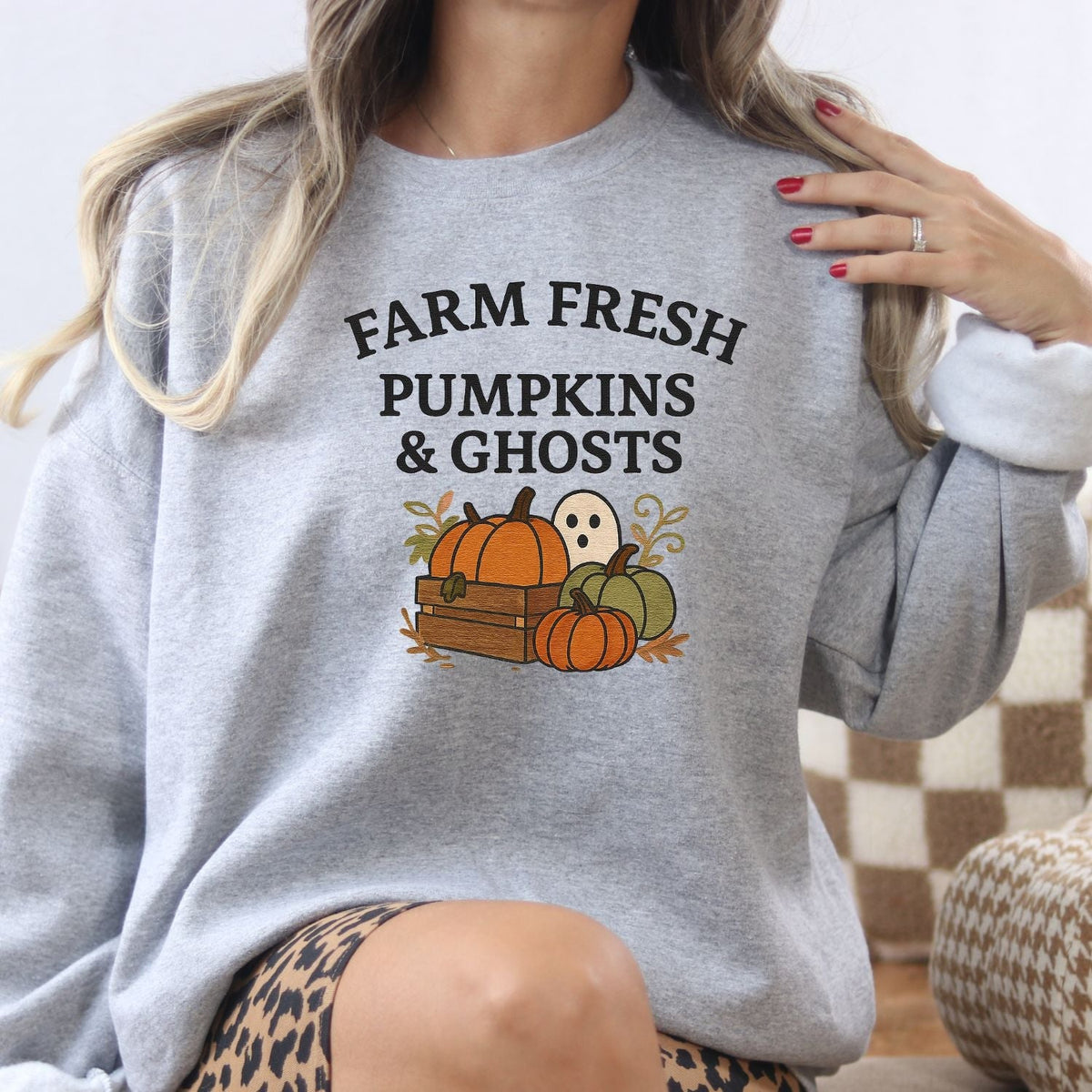 Ash embroidered sweatshirt featuring farm fresh pumpkins, ghost and crate