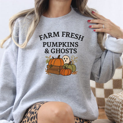 Ash embroidered sweatshirt featuring farm fresh pumpkins, ghost and crate