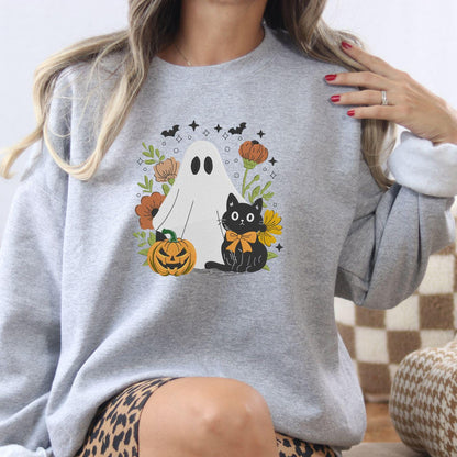 Ash Halloween crewneck with embroidered ghost, black cat and pumpkin floral design