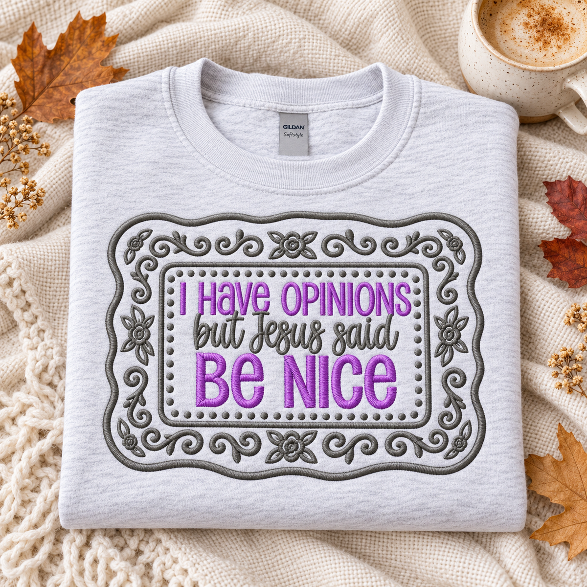 Folded Ash embroidered Christian sweatshirt with lavender wording and grey floral frame