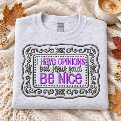 Folded Ash embroidered Christian sweatshirt with lavender wording and grey floral frame