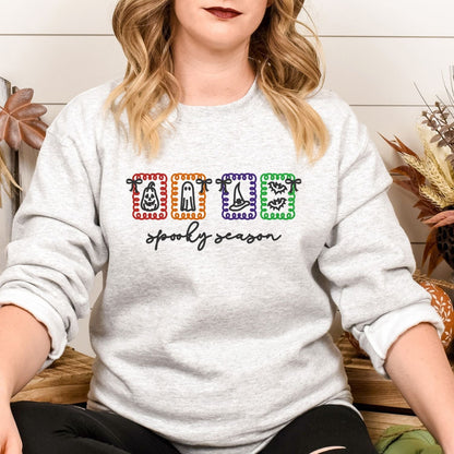 Ash embroidered Spooky Season crewneck with pumpkin, ghost, witch hat and bats